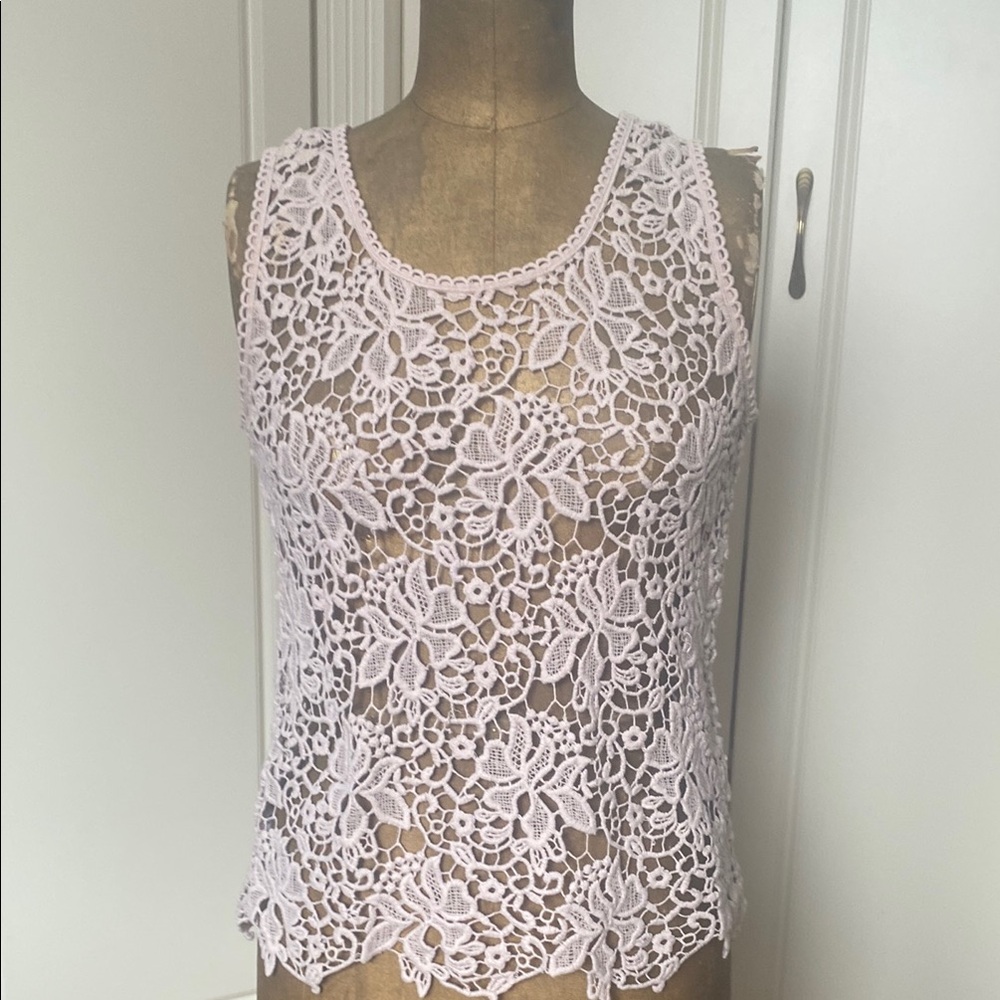 LOFT Pink Tank Top with Floral Lace Design